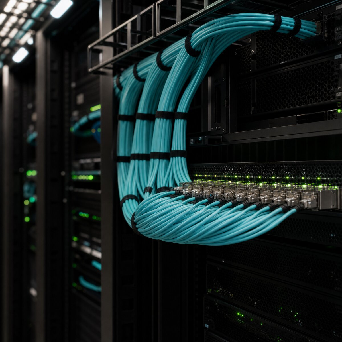 QSFP56 HDR AOC cables like MFS1S00-H050V installed in a data center rack