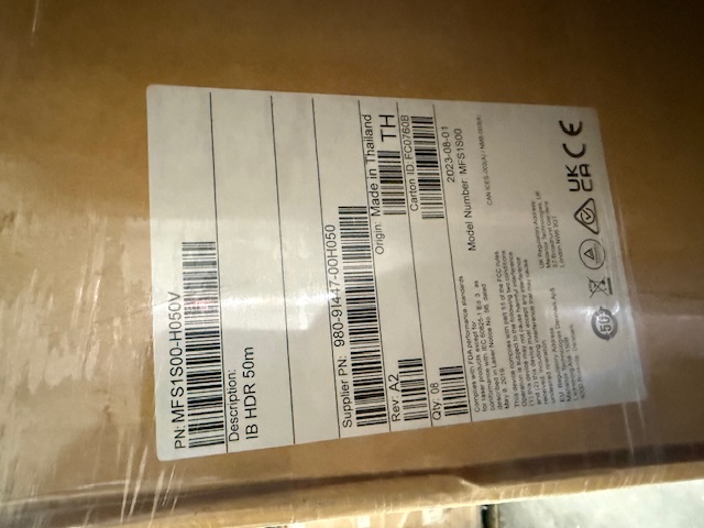 MFS1S00-H050V NVIDIA Mellanox 50m QSFP56 HDR 200G InfiniBand AOC cable — factory box nameplate label