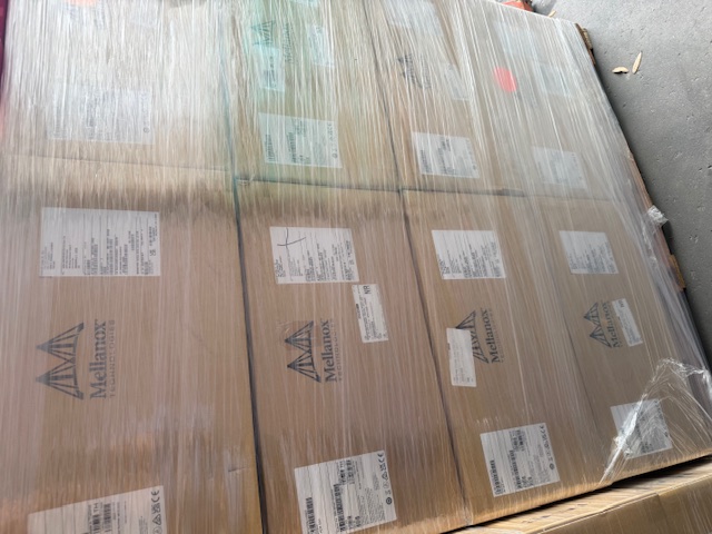 Factory-sealed NVIDIA Mellanox MFS1S00-H050V cases palletized in our warehouse